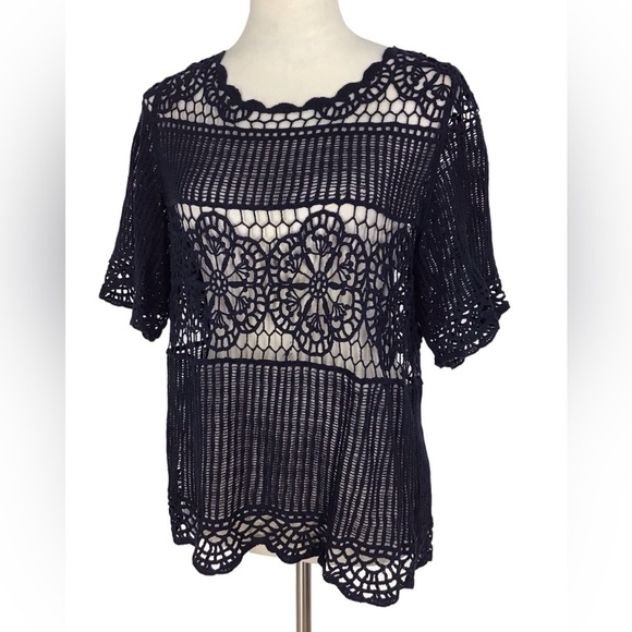 Anthropologie James Coviello Blue Crochet Lace Short Sleeve Top Large - Picture 4 of 6